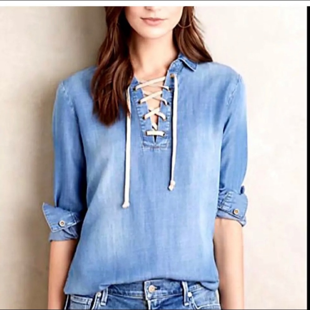 Cloth & Stone Lace Up Chambray Tencel Tunic Sz M